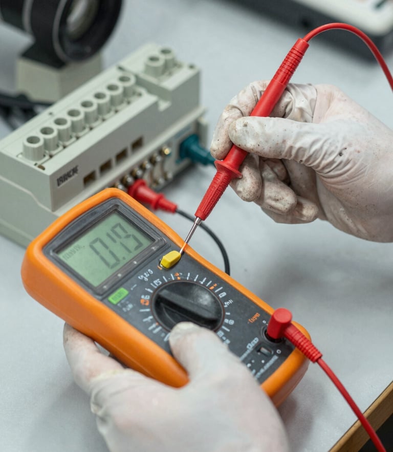 Hands of a technician wearing protective gloves, using a digital multimeter to test voltage levels on a clean, labeled terminal block. Focused bright work light, clear technical details.