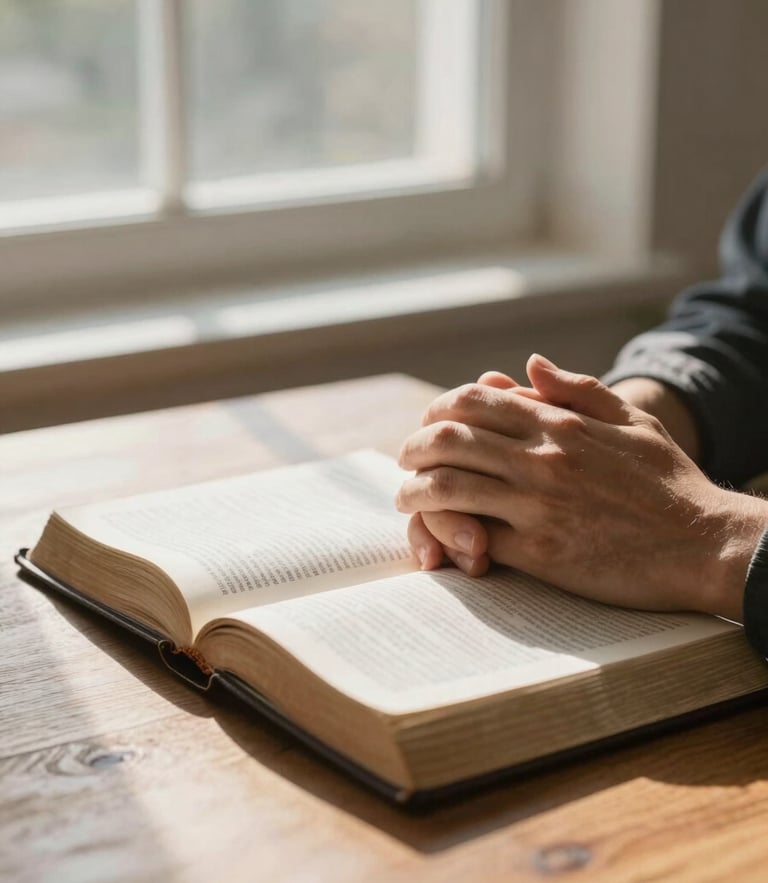 Soft natural daylight filtering through a window onto a wooden table with an open Bible, hands gently resting in a moment of quiet prayer, serene atmosphere.