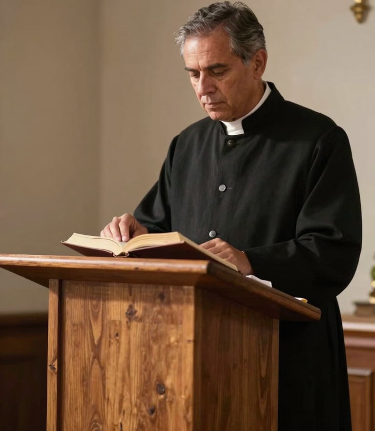 Pastor de pie enseñando con una Biblia abierta sobre un púlpito de madera natural, iluminación suave de tarde, ambiente litúrgico sereno