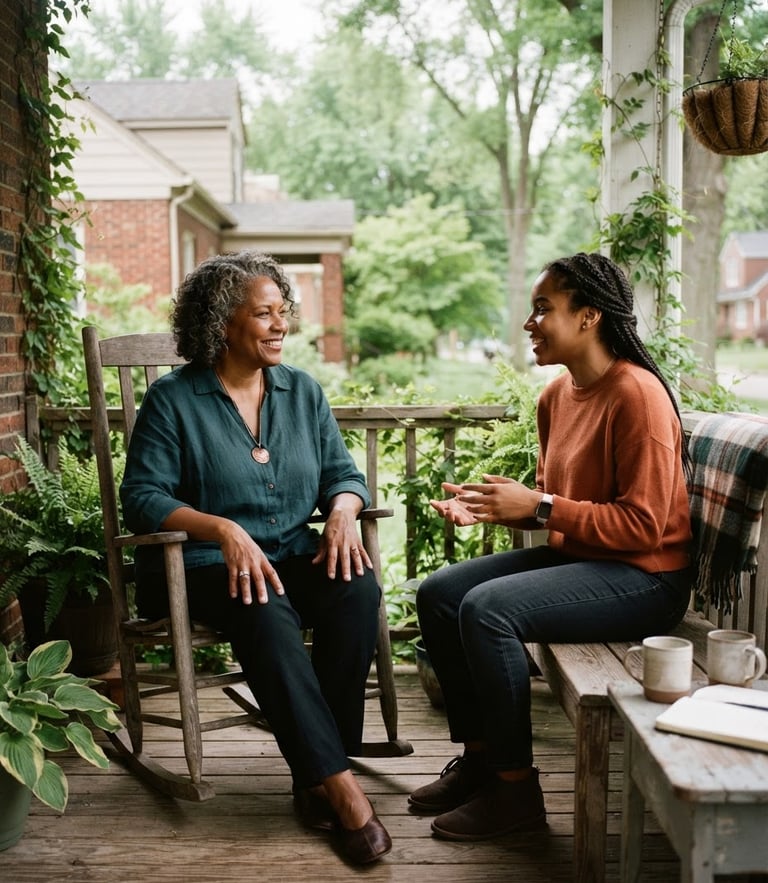 A mentor and young adult talking warmly on a porch in Indiana, soft morning light, 35mm editorial style
