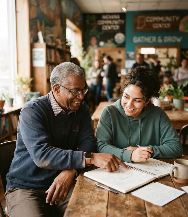 Warm editorial photography of an Indiana community mentor guiding a young adult in a cozy local community center, soft natural daylight, earthy teal tones, candid human connection, 35mm