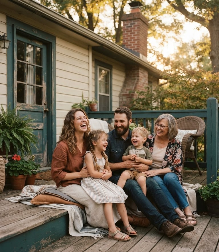 Warm editorial photography of a local Indiana family laughing together on a front porch, soft golden-hour sunlight filtering through trees, earthy teal tones, candid human connection, 35mm.