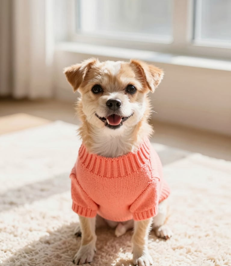 A happy small dog wearing a bright coral knitted sweater, sitting comfortably on a warm cream rug under soft, bright window light, eye-level pet portrait, shallow depth of field
