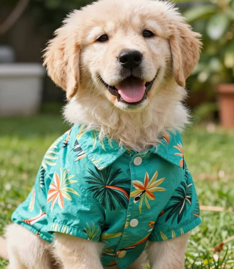 A happy small golden retriever puppy wearing a vibrant teal tropical shirt, sitting in a bright sunlit garden, eye-level medium close-up, warm natural daylight