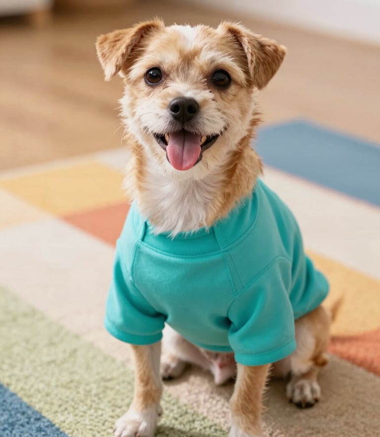 Happy small dog wearing a bright teal summer shirt, sitting on a colorful rug, looking up with tongue out, warm natural daylight, eye-level shot