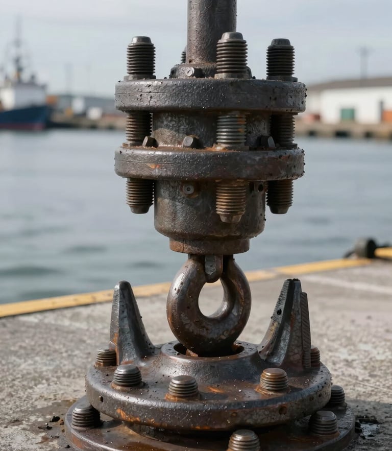 Close-up of industrial steel mooring hook assembly on a concrete jetty, heavy-duty bolts, overcast harbor light, high contrast