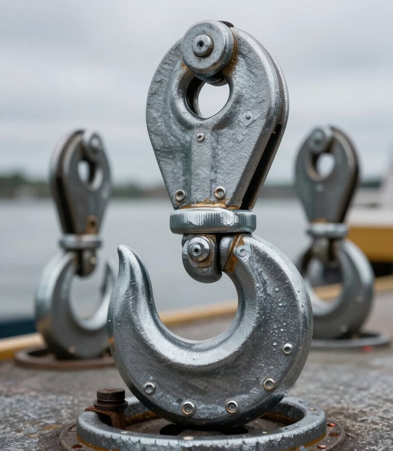Close-up shot of heavy-duty quick-release mooring hooks on a steel dock, natural overcast daylight, focus on industrial welds and metallic textures.