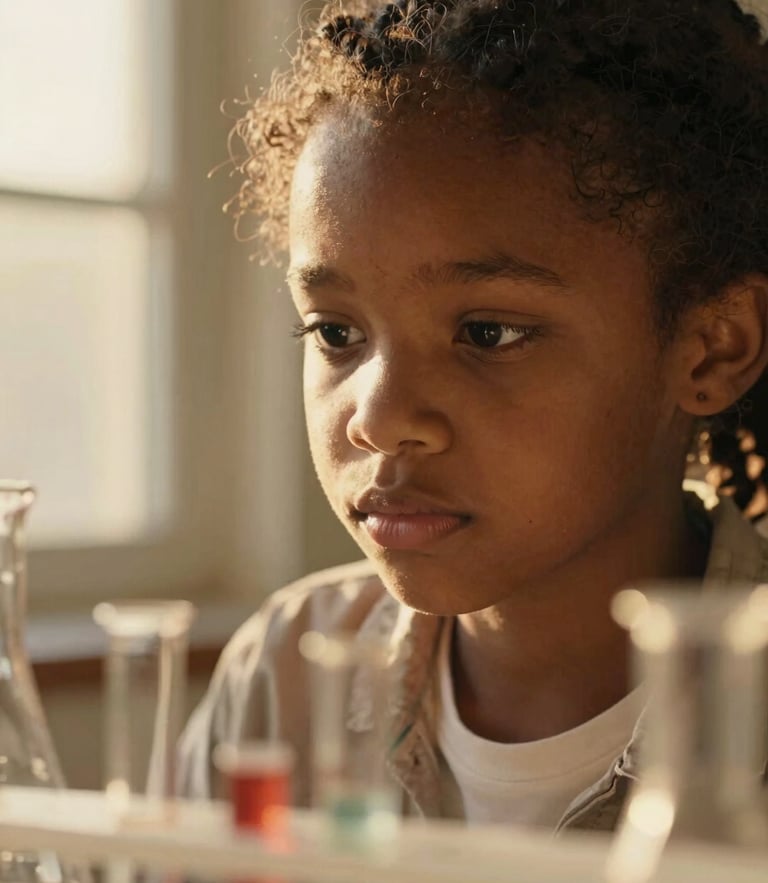 A close-up portrait of an African girl looking thoughtfully at a science experiment, soft golden-hour window light, warm editorial photography style.