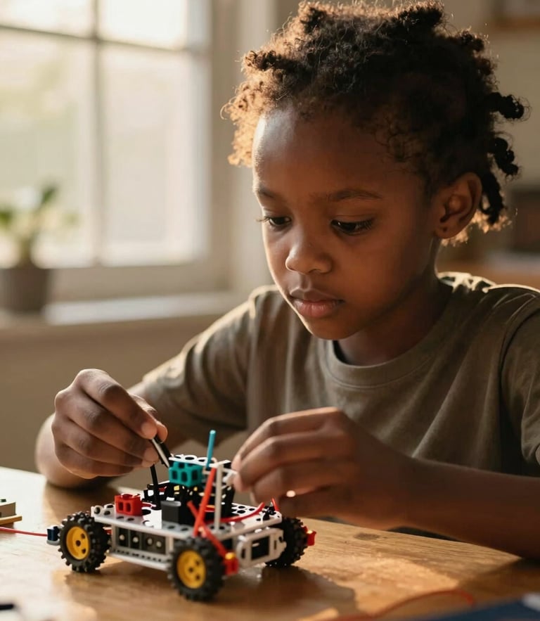 A focused young African girl working on a robotics kit under soft golden-hour window light, shallow depth of field, 35mm