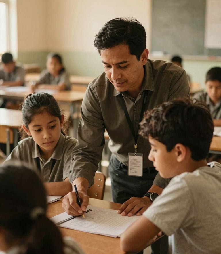 A medium environmental portrait of a local mentor guiding a student in a warm, sunlit community classroom, soft golden hour light, rich muted earth tones, 35mm film style.