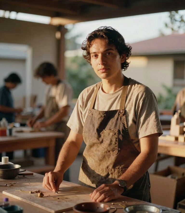 Warm environmental portrait of a local community workshop, natural golden-hour daylight, soft focus background, 35mm film style