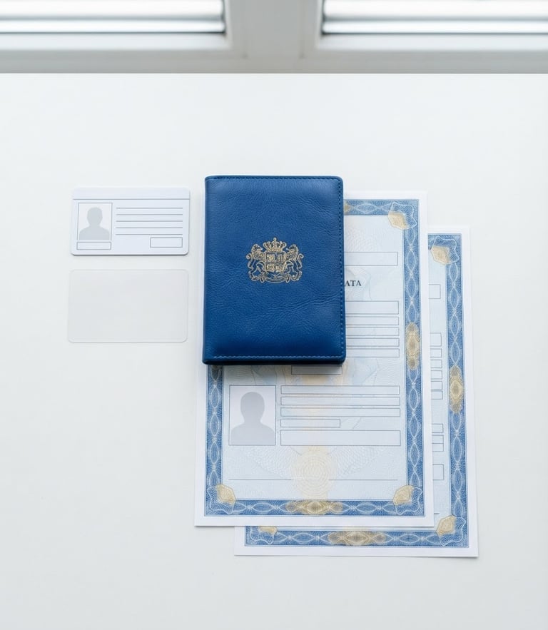 Straight-on flat-lay of clean official identity card templates, blue passport folder, and neat documents on a bright white desk, high-contrast professional photography