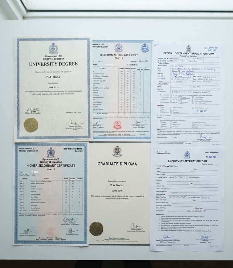 Flat-lay arrangement of neatly organized educational certificates, high school marksheets, and official government application forms on a clean white desk, bright even daylight, professional 35mm photography