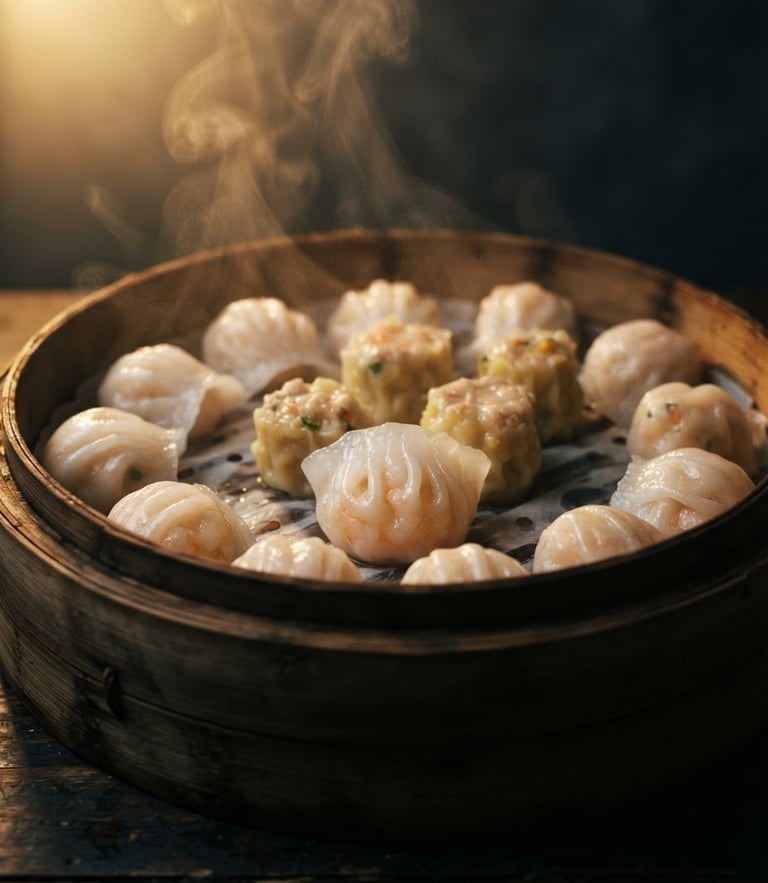 Moody close-up of steaming handmade dim sum in a bamboo basket, warm golden backlight, dark charcoal background, 35mm photography
