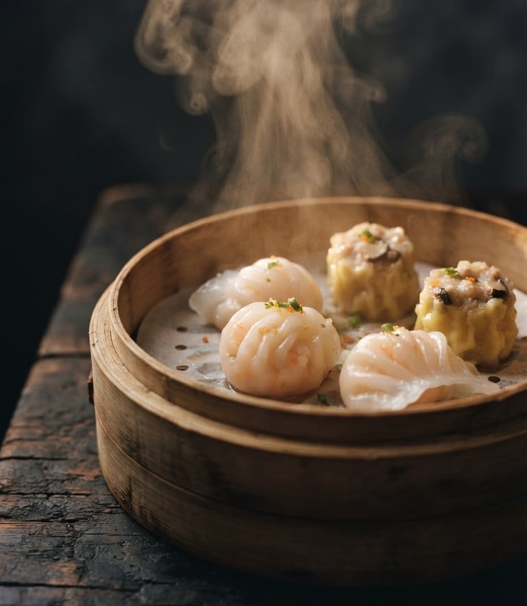 Warm low-key food photography, a close-up of steaming handmade dim sum in a bamboo basket, soft backlit steam, charcoal background, 35mm