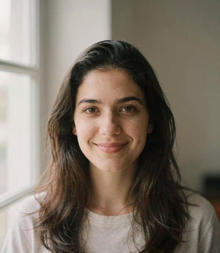 Warm portrait of Christiane Fernanda looking directly at the camera with a gentle, welcoming smile, soft natural window light, muted earthy tones, shallow depth of field.