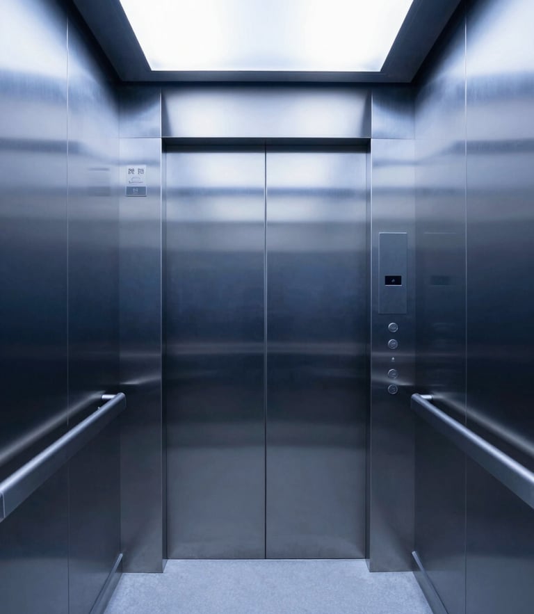 Symmetrical interior perspective of a sterile hospital elevator, seamless brushed stainless steel walls, antimicrobial handrails, soft cool white architectural lighting.