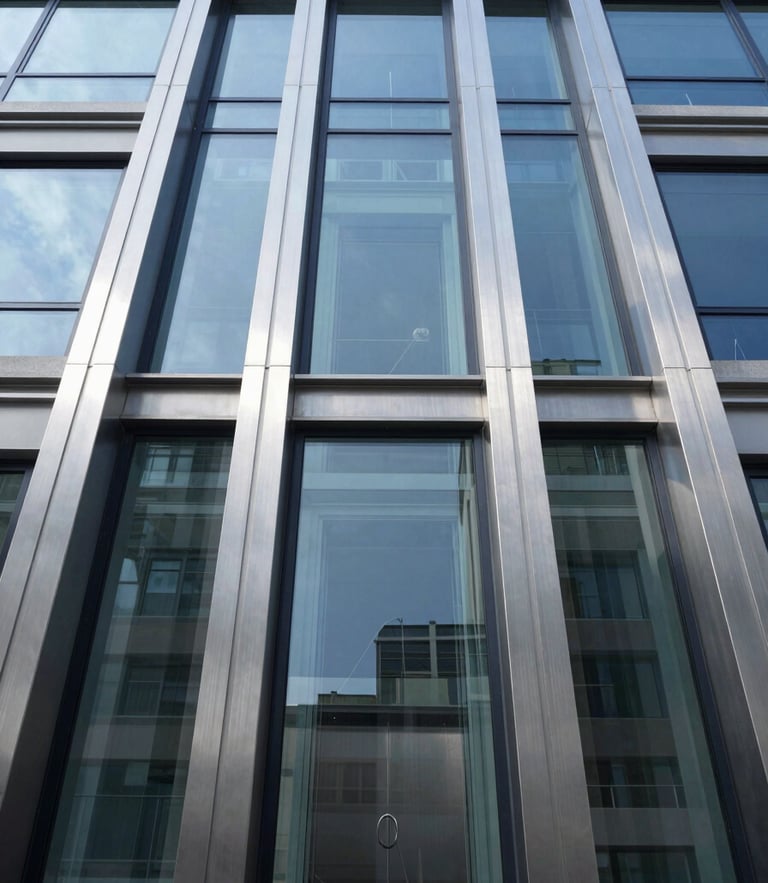 Symmetrical low-angle photograph of a modern glass residential elevator shaft, soft natural daylight reflecting on brushed steel, clean architectural lines.