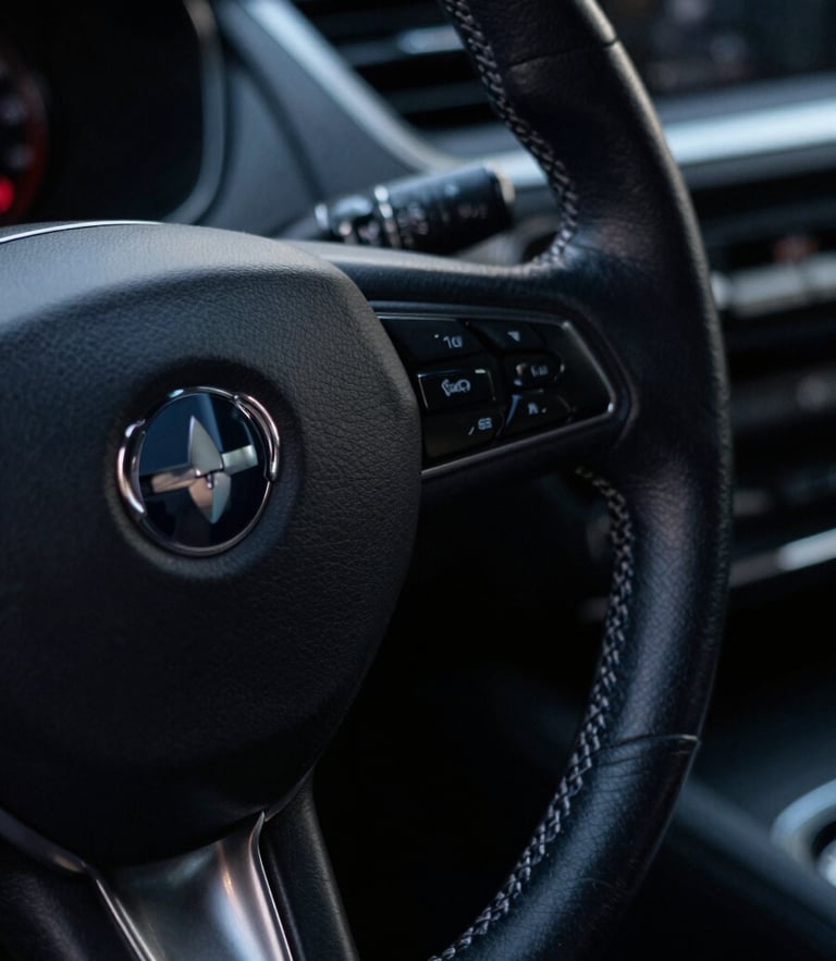 Tight macro shot of a pristine leather-wrapped steering wheel with subtle silver stitching, moody low-key lighting, dark navy reflections, 35mm lens