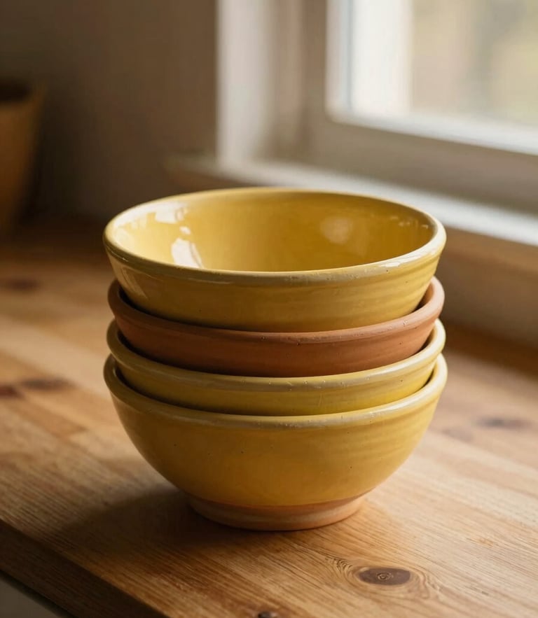 A stack of warm butter-yellow and terracotta ceramic bowls on a sunlit wooden kitchen table, golden-hour window light casting soft shadows, tactile clay texture visible, 35mm photography