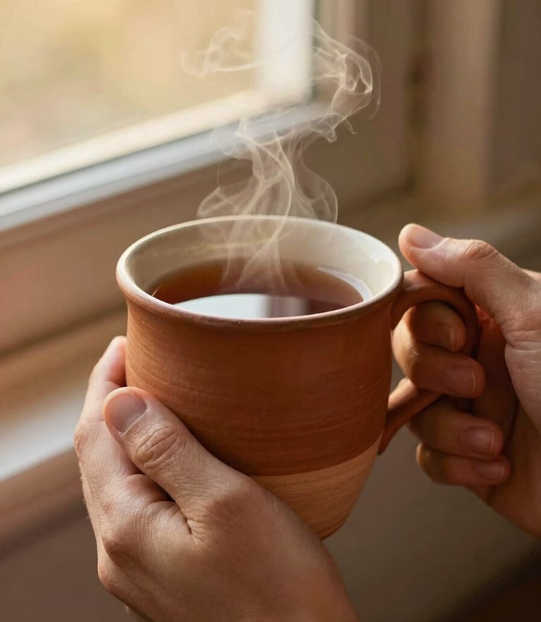 Close-up of hands holding a warm, heavy-bottomed terracotta mug filled with steaming tea, golden-hour window light, shallow depth of field, 35mm.