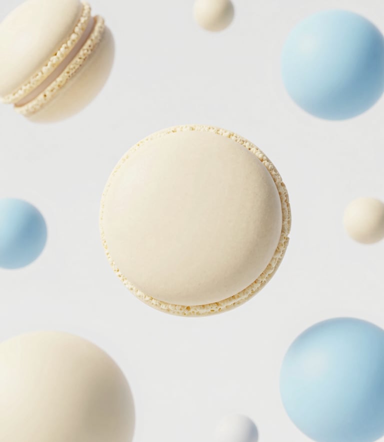 Sleek minimalist 3D render of pastel geometric shapes floating on a clean white background, soft daylight, cream and sky blue tones