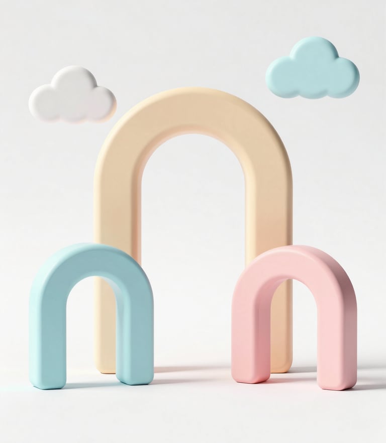 Lightweight 3d render of abstract pastel geometric arches and cloud symbols under bright natural daylight, clean white background.
