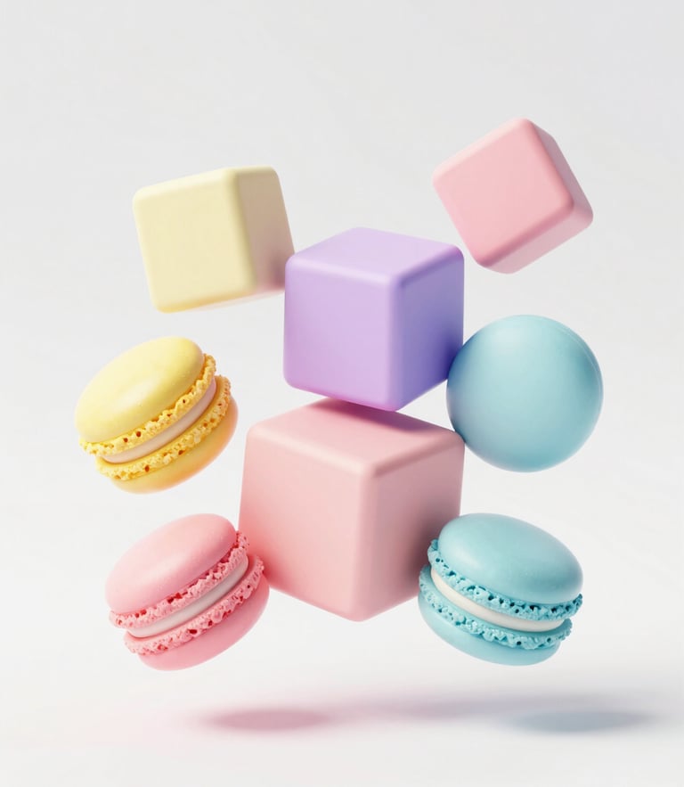 A lightweight 3d render of soft pastel geometric blocks floating in bright diffused daylight, clean white background, minimalist composition