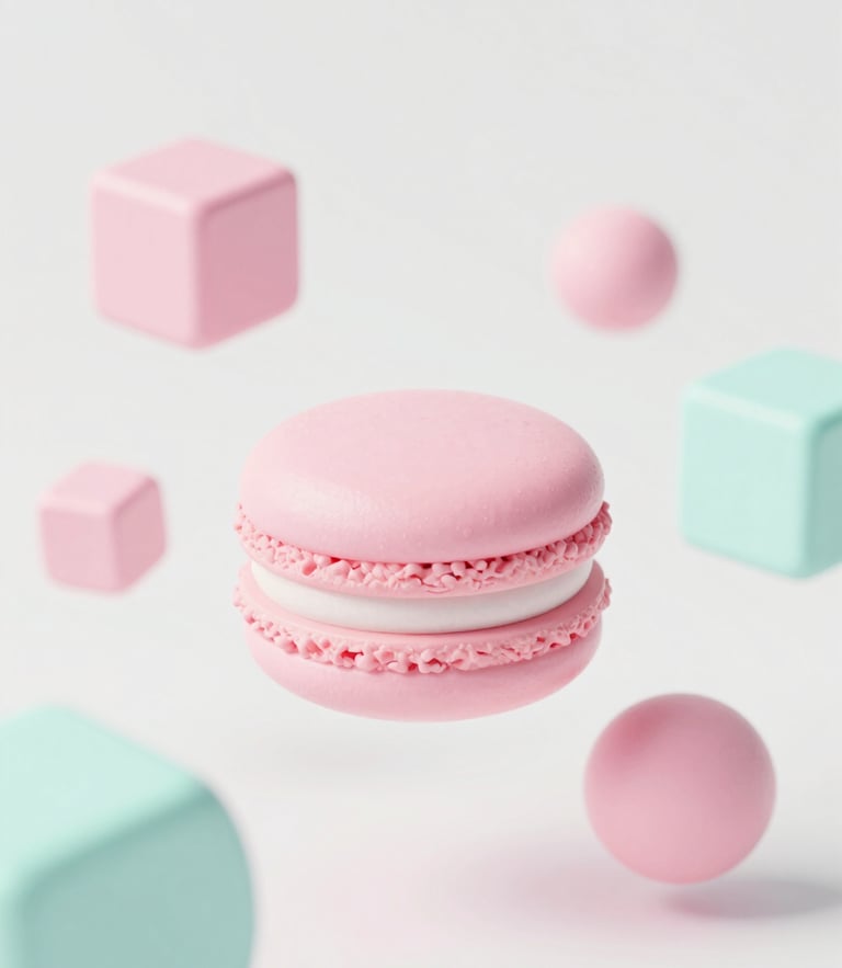 Minimalist lightweight 3D render of pastel geometric blocks floating in bright diffused daylight, clean white background, soft pink and mint tones