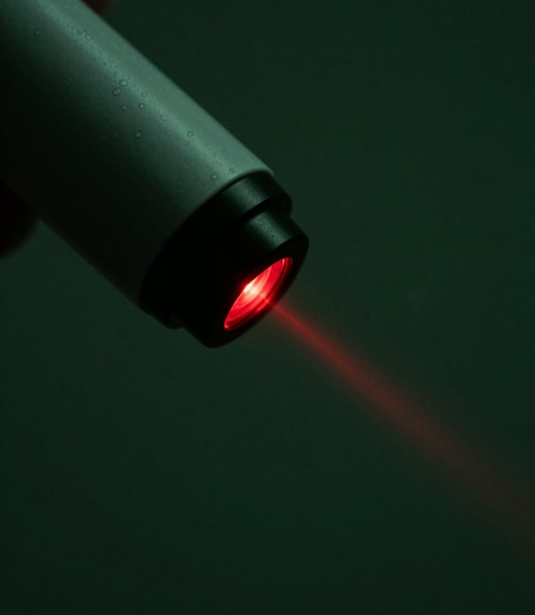 Extreme close-up of a sleek clinical LLLT laser device emitting a precise red light beam, dark moody background with deep forest green ambient lighting, macro details, high-contrast, 35mm lens.