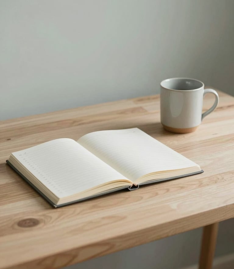 A minimalist, sunlit workspace with a clean wooden desk, a single notebook with neat handwritten numbers, a ceramic mug, soft morning light, desaturated sage tones, 35mm lens.