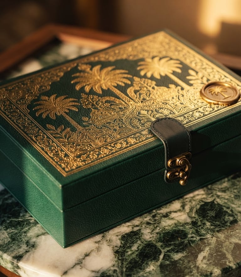 Close-up of a luxury date gift box with gold foil embossing and bespoke leather accents, resting on a polished marble surface, dramatic golden hour side-lighting.