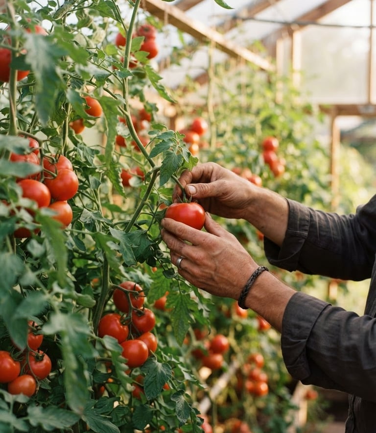 Hands harvesting vibrant red tomatoes in a sun-drenched greenhouse, soft morning light, rich green foliage, 35mm photography