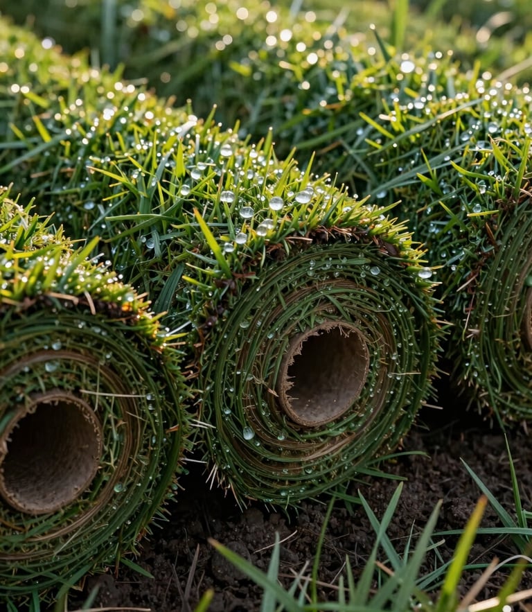 Low-angle close-up of freshly cut natural turf rolls showing moist dark soil backing, warm morning sunlight highlighting dew drops on green grass blades.