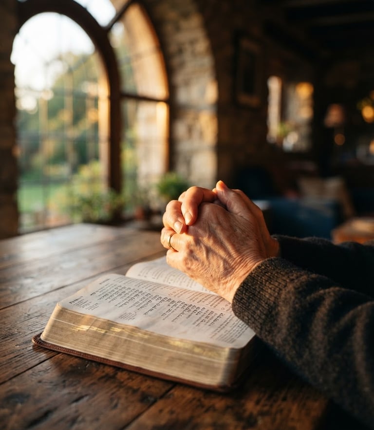 Warm golden-hour light streaming through an arched window, hands gently folded in prayer over an open scripture on a wooden table, soft focus background