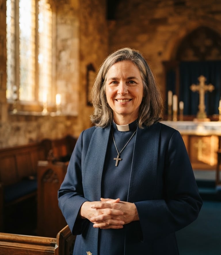 A warm medium close-up of our Pastor looking welcomingly at the camera, hands gently folded, soft golden window light in a peaceful sanctuary background