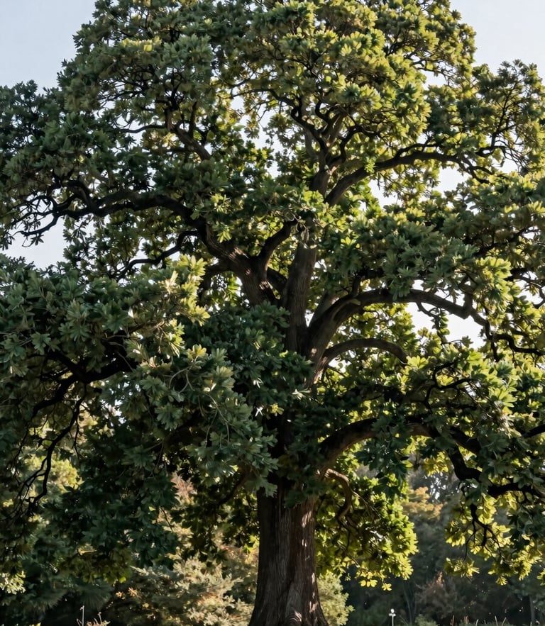 Low-angle dynamic shot of a massive historic oak tree with morning sunlight filtering through its dense green canopy, sharp focus, 35mm lens
