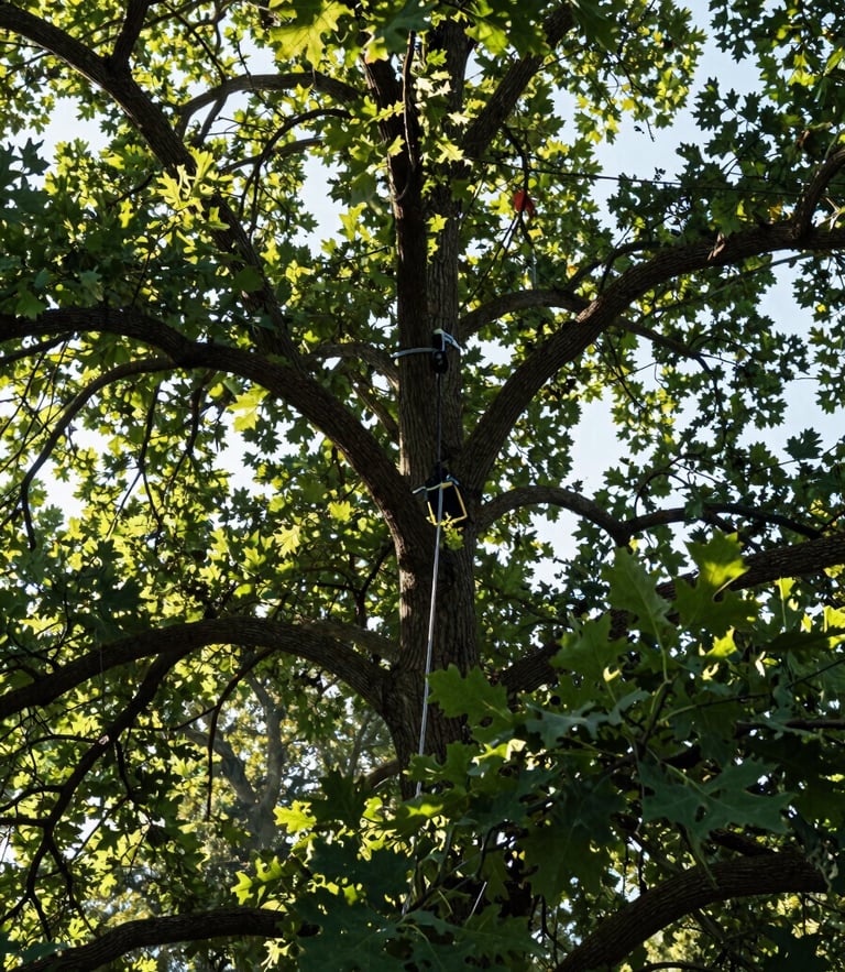 Low-angle shot looking up into a mature sun-dappled oak canopy, clean safety ropes visible, natural morning light filtering through leaves