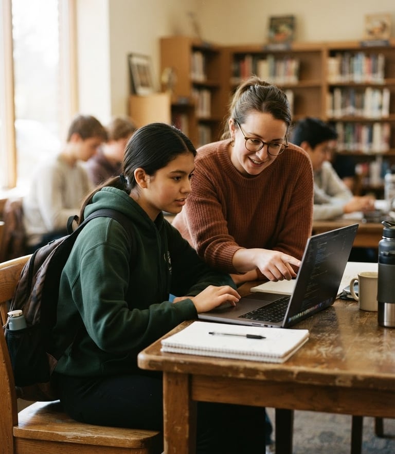 Candid medium shot of a mentor guiding a high school student over a laptop, warm natural window light, supportive and focused environment, 35mm photography