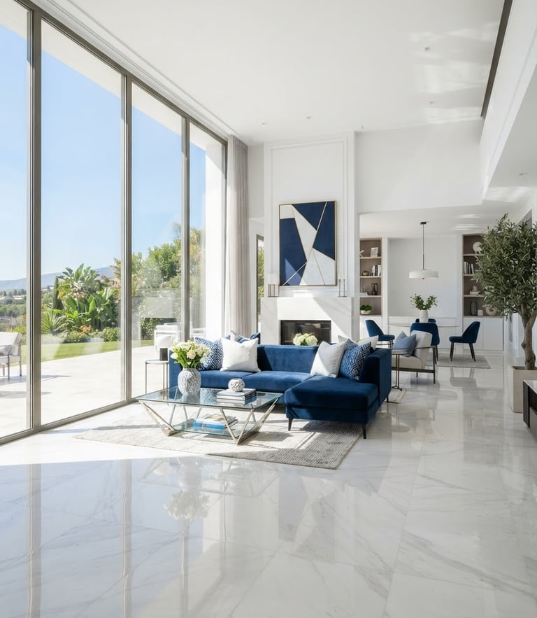 Bright sunlit interior of a modern living room, gleaming marble floor, crisp natural daylight, clean white and deep blue tones, architectural lens