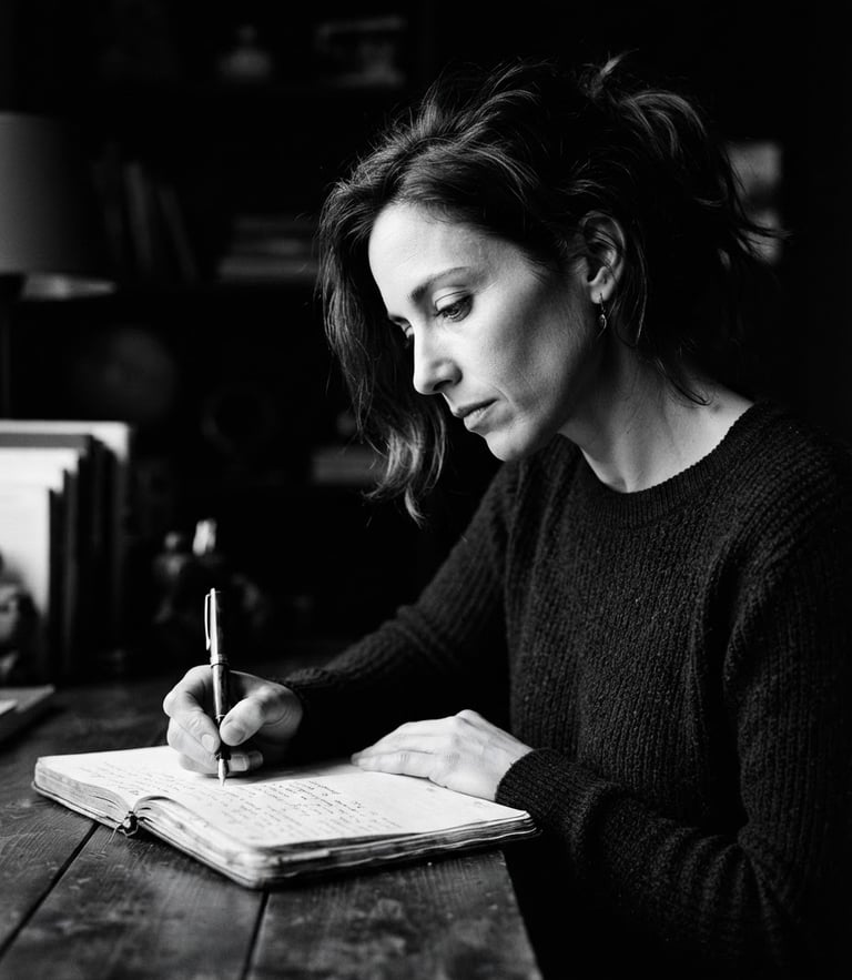 Stark monochrome studio portrait of a female writer looking down thoughtfully, high-contrast dramatic side lighting, deep black shadows and crisp white highlights, 35mm photography