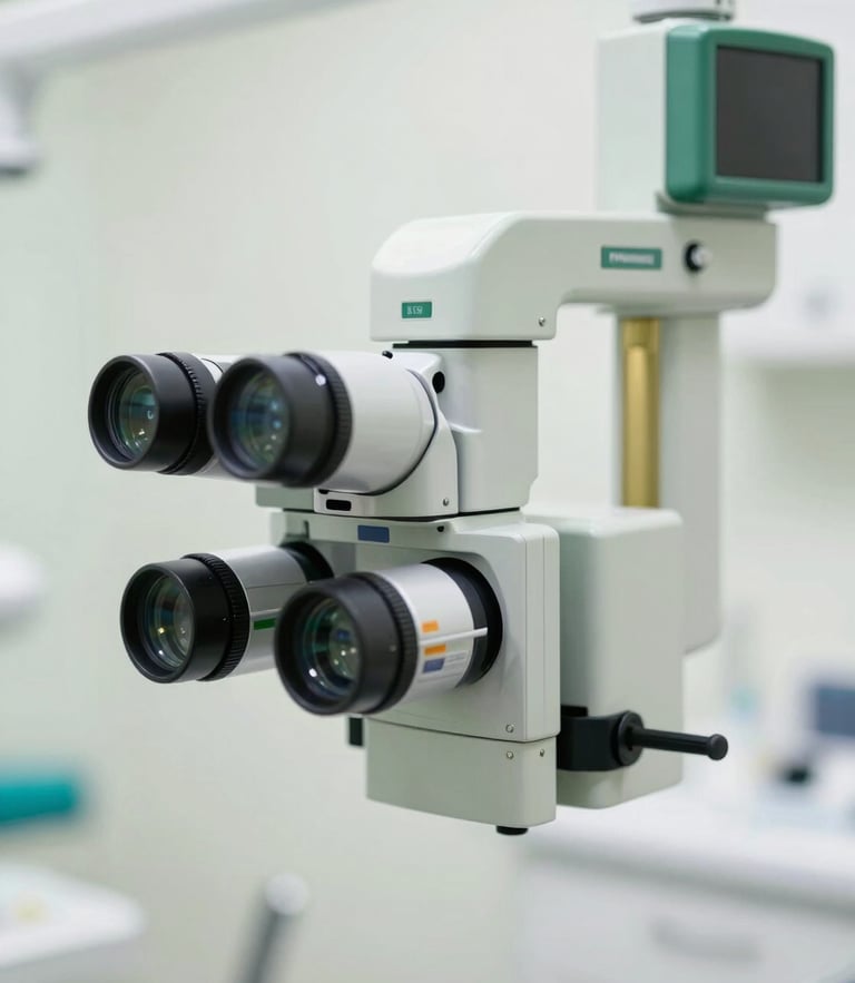 Close-up of a high-end dental microscope in a bright, clean modern clinic, elegant green and gold accents, shallow depth of field, 35mm