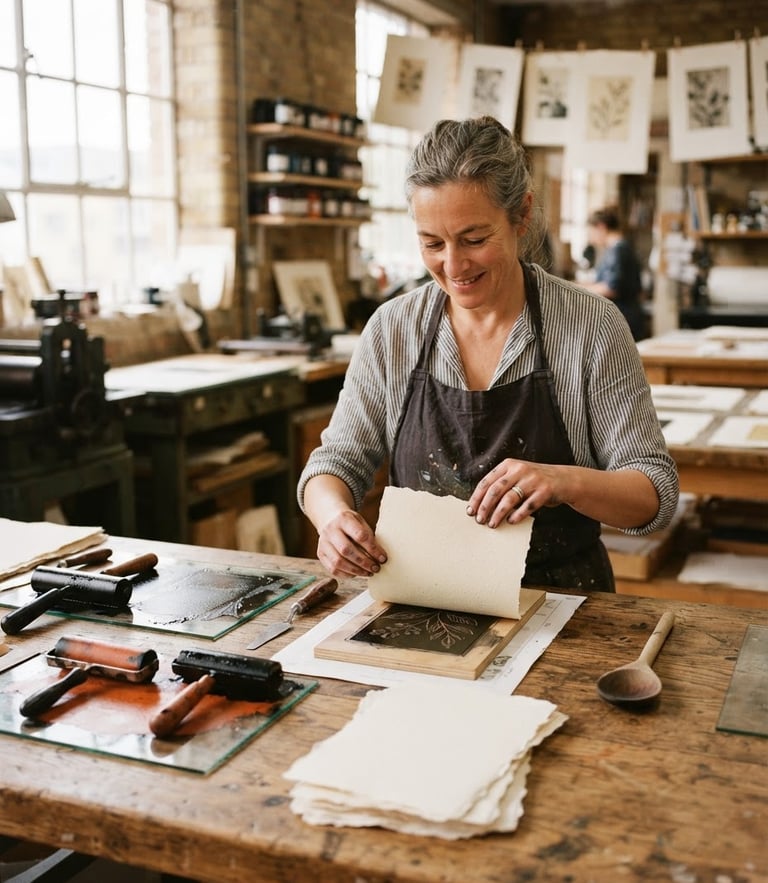 A close-up environmental portrait of a printmaker in a sunlit warehouse studio, ink rollers and raw paper sheets arranged on a heavy oak table, warm editorial photography.