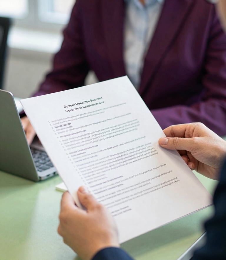 Close up of hands reviewing a structured government tender document in a bright Kingston office, focused business training setting, professional editorial photography