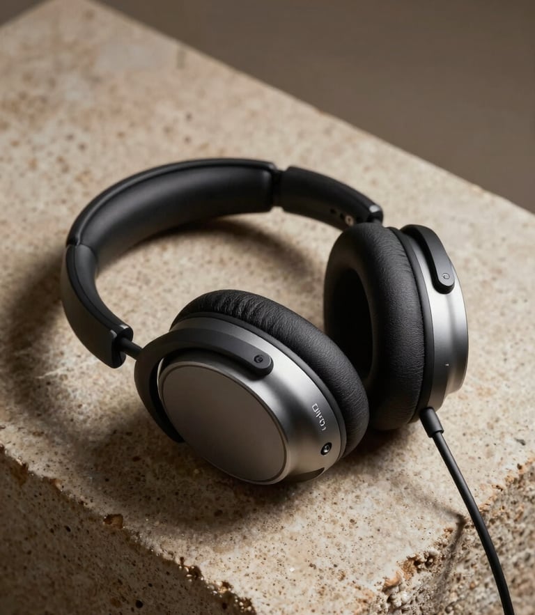 Close-up of a high-end minimalist audio headset resting on a textured sandstone block, soft shadows, warm editorial light.