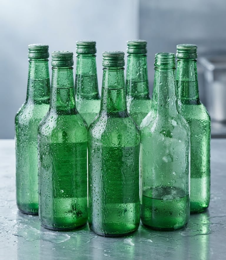 Crisp commercial product photography of condensation-beaded green Chamisul bottles, cool emerald and silver tones, sharp focus, bright studio lighting.
