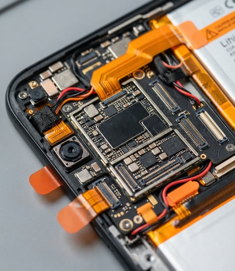 Extreme close-up macro shot of pristine internal phone components under clean white workbench light, safety-orange accents, sharp details, 35mm