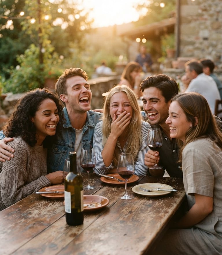 Close-up of friends laughing around a rustic wooden table, warm golden-hour light, 35mm film grain, nostalgic atmosphere