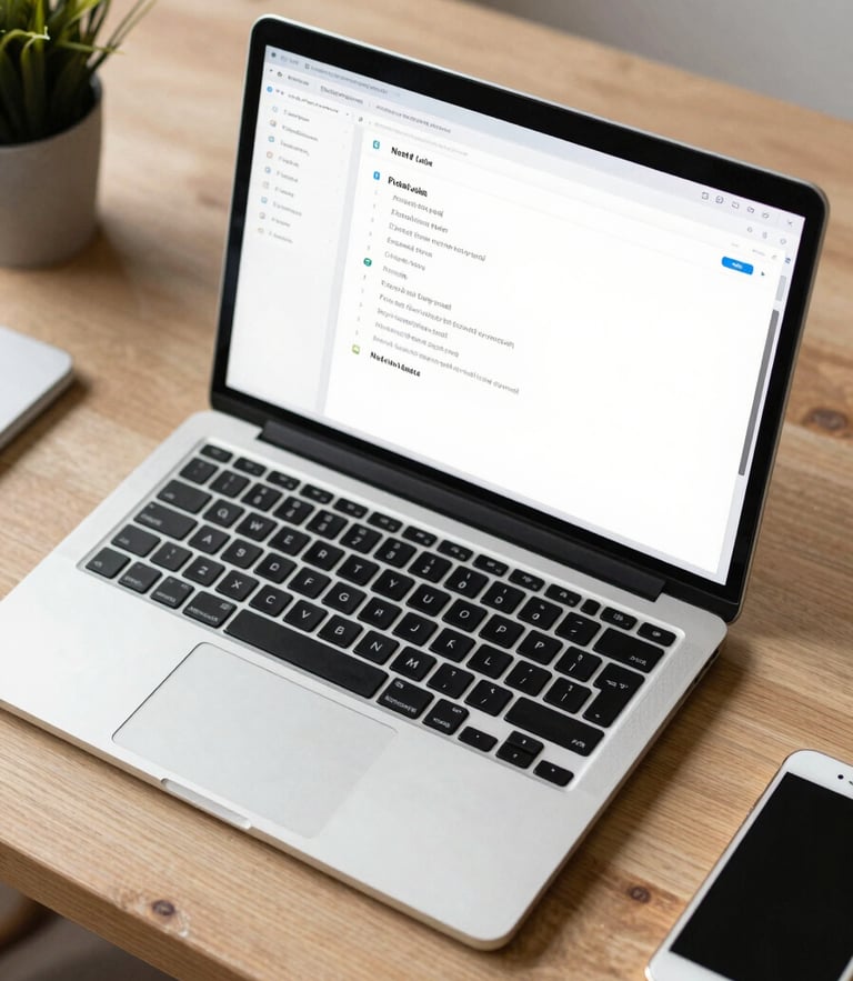 Overhead shot of a meticulously organized physical desk with a laptop displaying a clean Notion workspace, bathed in soft, natural morning daylight