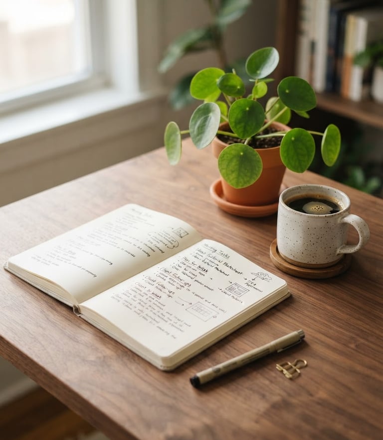 Medium-close shot of an organized wooden desk, an open notebook with neat handwriting, a ceramic coffee mug, and a small green plant in soft morning daylight.